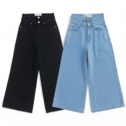 (BUNDLE) Double Waisted Baggy Jeans Light Blue & Dark Black